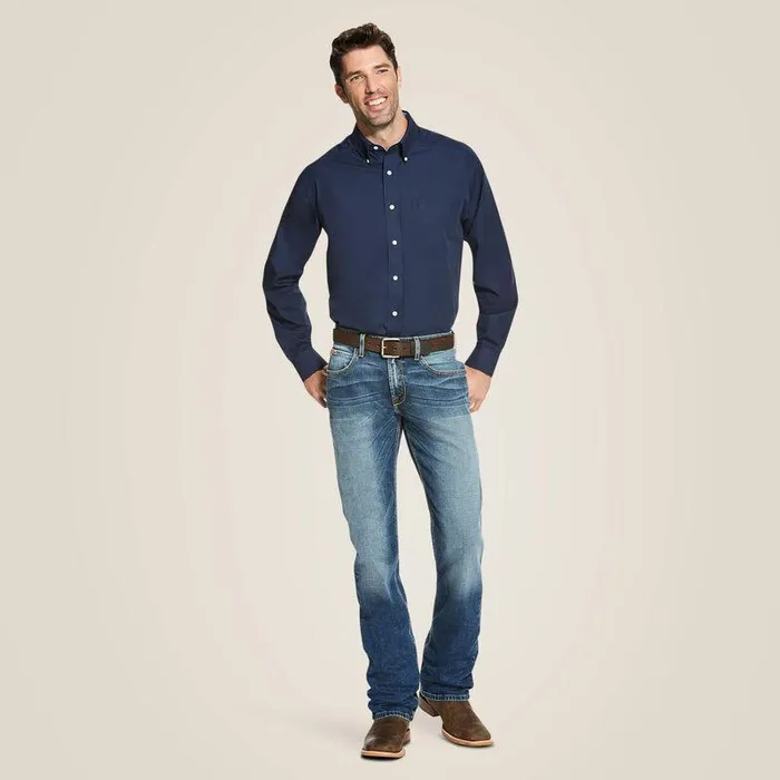 Men Button Down Shirts Ariat Wrinkle Free Solid Classic Fit Shirt Navy Blue