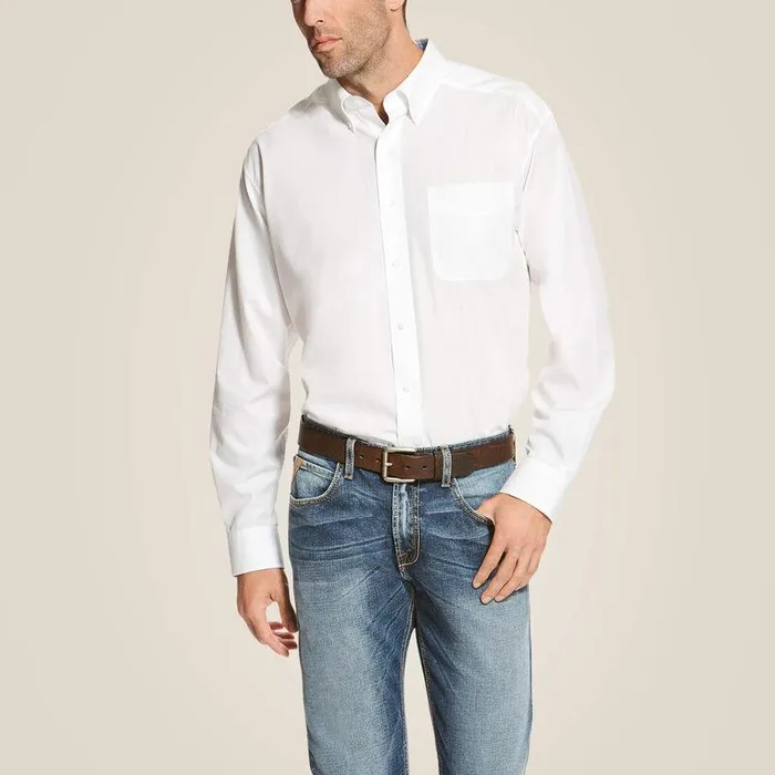Men Button Down Shirts Ariat Wrinkle Free Solid Classic Fit Shirt White