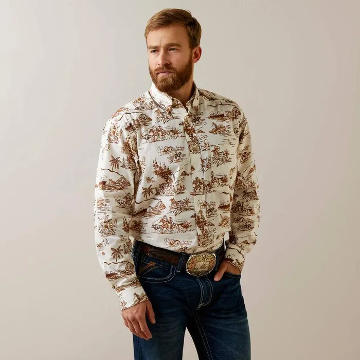 Men Button Down Shirts Ariat Wrinkle Resist Paniolo Western Aloha Stretch Classic Fit Shirt Sand