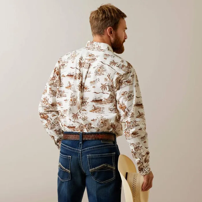Men Button Down Shirts Ariat Wrinkle Resist Paniolo Western Aloha Stretch Classic Fit Shirt Sand
