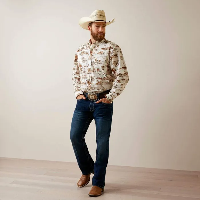 Men Button Down Shirts Ariat Wrinkle Resist Paniolo Western Aloha Stretch Classic Fit Shirt Sand