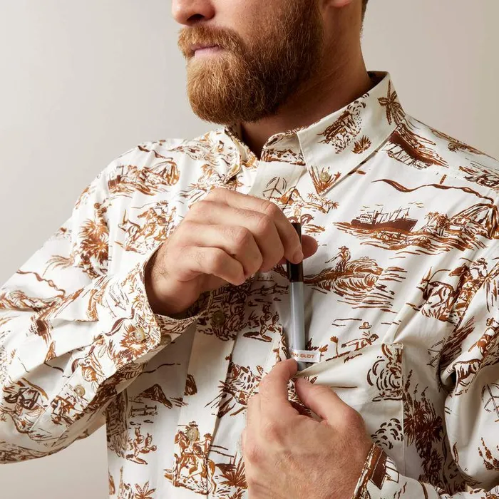 Men Button Down Shirts Ariat Wrinkle Resist Paniolo Western Aloha Stretch Classic Fit Shirt Sand