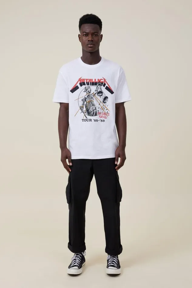 Men Graphic TShirts Cotton On Loose Fit Music TShirt Lcn Pro Whitemetallicajustice For All Tou