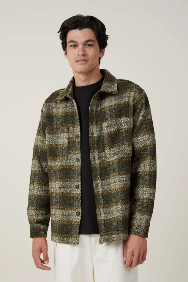 Men Jackets Cotton On Heavy Overshirt Dark Tan Plaid