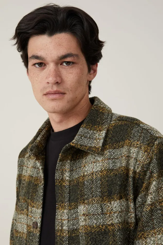 Men Jackets Cotton On Heavy Overshirt Dark Tan Plaid