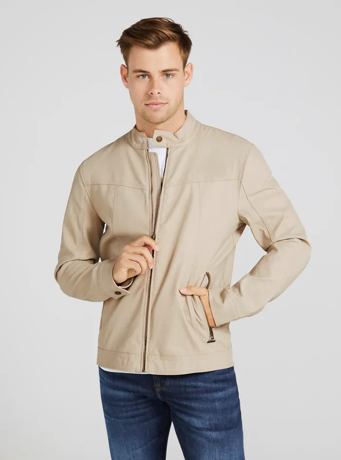Men Jackets GUESS Beige Vintage Faux Leather Biker Jacket