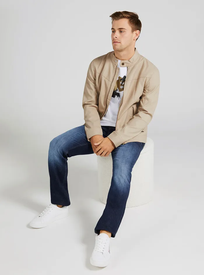 Men Jackets GUESS Beige Vintage Faux Leather Biker Jacket