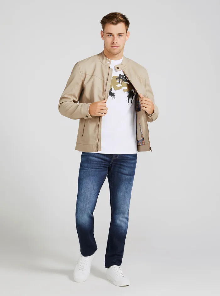 Men Jackets GUESS Beige Vintage Faux Leather Biker Jacket