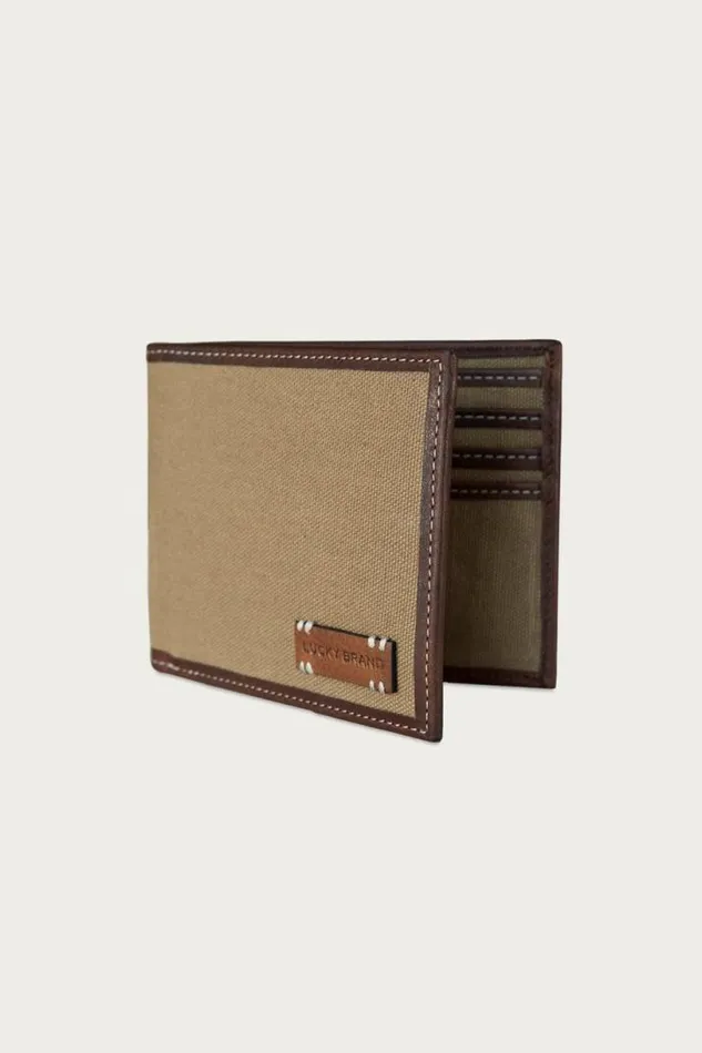 Men Lucky Brand Bags and Wallets Canvas With Leather Trim Bifold Wallet Natural