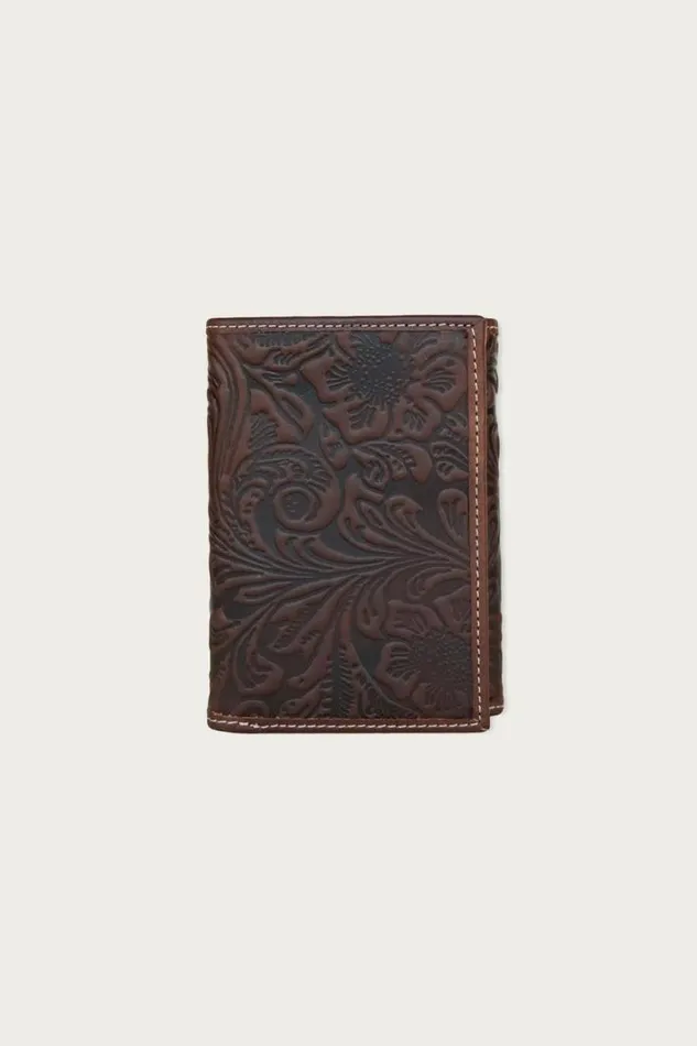 Men Lucky Brand Bags and Wallets Western Embossed Leather Trifold Wallet Dark Brown