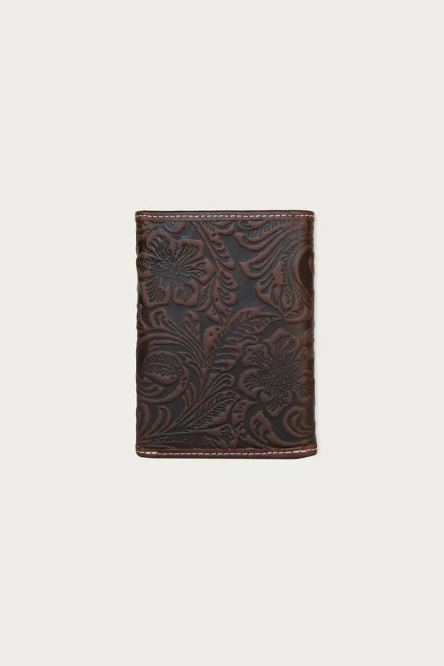 Men Lucky Brand Bags and Wallets Western Embossed Leather Trifold Wallet Dark Brown