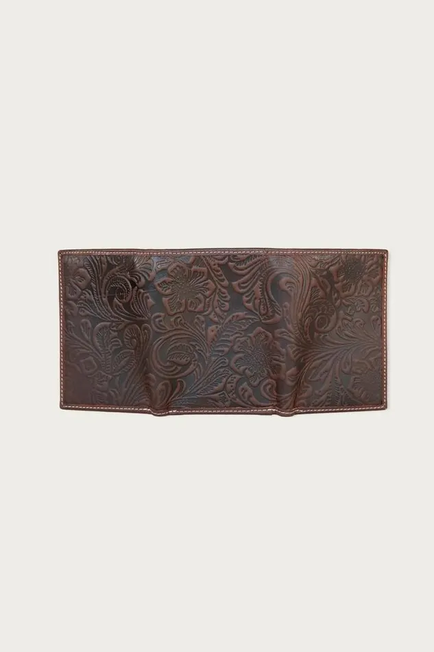Men Lucky Brand Bags and Wallets Western Embossed Leather Trifold Wallet Dark Brown