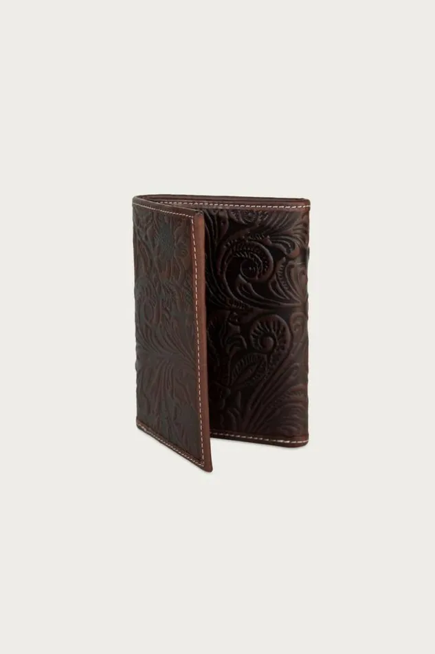 Men Lucky Brand Bags and Wallets Western Embossed Leather Trifold Wallet Dark Brown