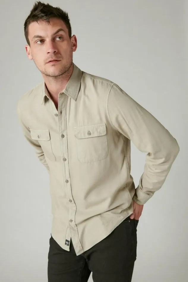 Men Lucky Brand ButtonDowns Livedin Long Sleeve Utility Shirt Silver Sage