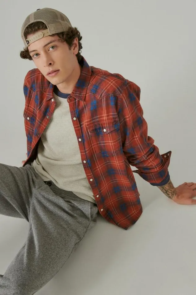 Men Lucky Brand ButtonDowns Plaid Indigo Western Long Sleeve Shirt Red Plaid
