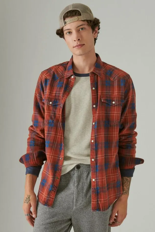 Men Lucky Brand ButtonDowns Plaid Indigo Western Long Sleeve Shirt Red Plaid
