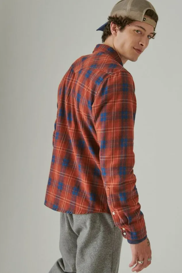 Men Lucky Brand ButtonDowns Plaid Indigo Western Long Sleeve Shirt Red Plaid