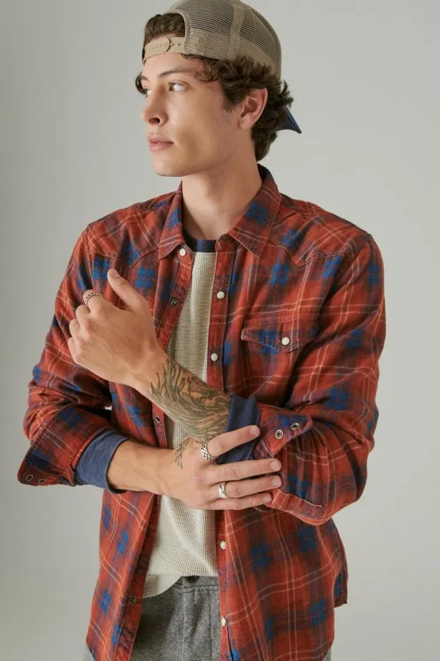 Men Lucky Brand ButtonDowns Plaid Indigo Western Long Sleeve Shirt Red Plaid