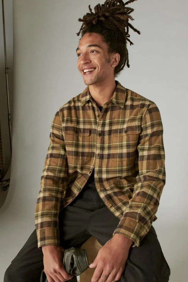 Men Lucky Brand ButtonDowns Plaid Utility Cloud Soft Long Sleeve Flannel Natural Multi Plaid