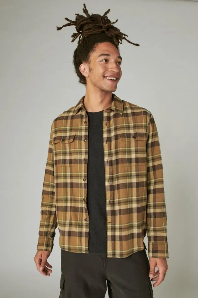Men Lucky Brand ButtonDowns Plaid Utility Cloud Soft Long Sleeve Flannel Natural Multi Plaid