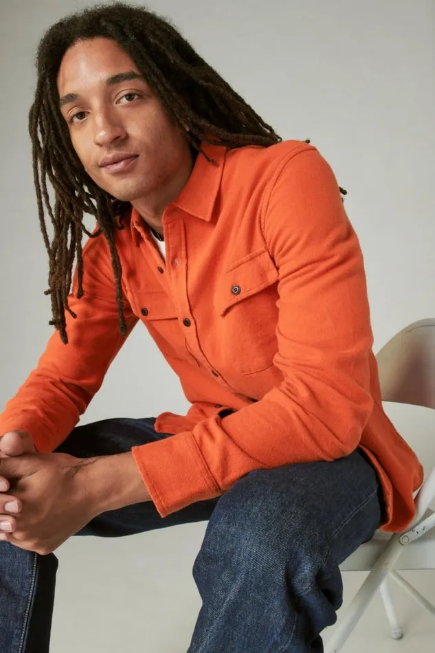 Men Lucky Brand ButtonDowns Solid Utility Cloud Soft Long Sleeve Flannel Orange