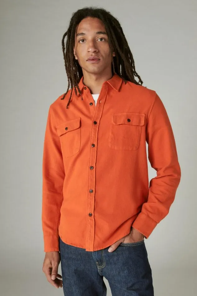 Men Lucky Brand ButtonDowns Solid Utility Cloud Soft Long Sleeve Flannel Orange