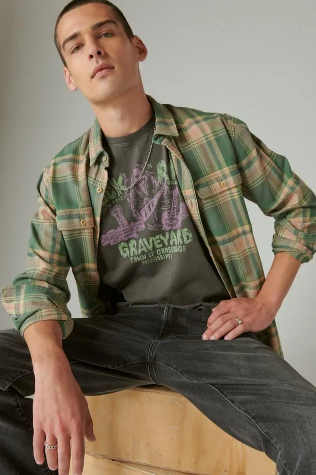 Men Lucky Brand Graphic Tees Rock and Roll Graveyard Tee Raven