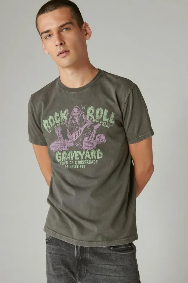 Men Lucky Brand Graphic Tees Rock and Roll Graveyard Tee Raven