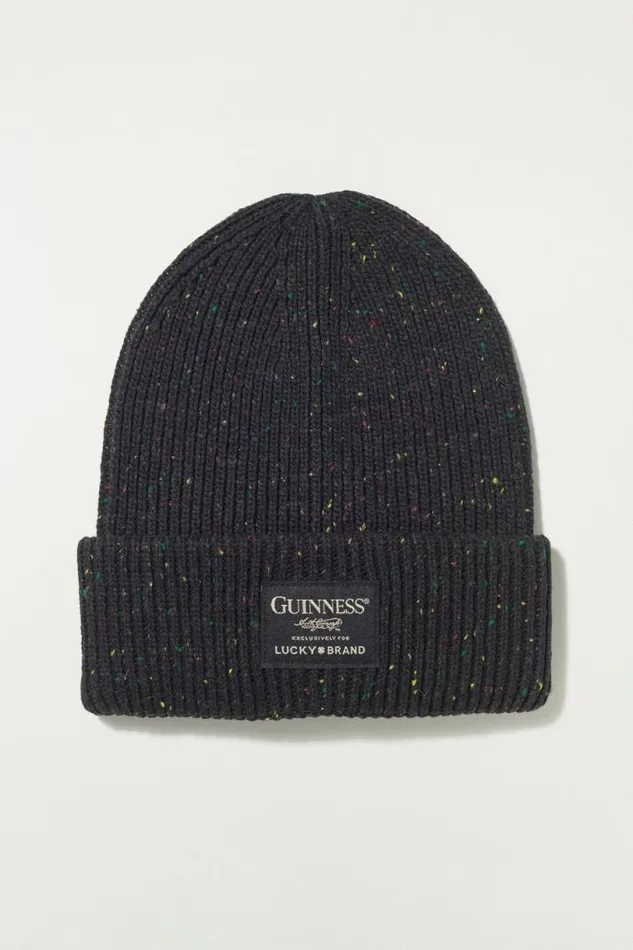 Men Lucky Brand Hats Guinness Logo Patch Beanie Dark Black