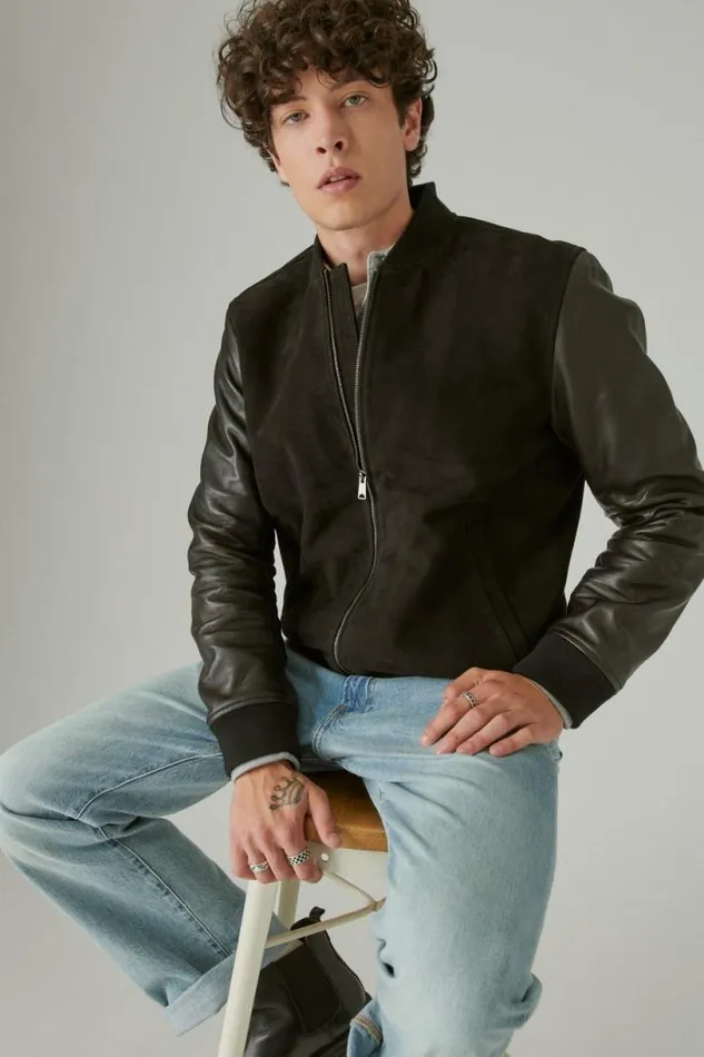 Men Lucky Brand Jackets and Outerwear Leather Bomber Jacket 001 Black