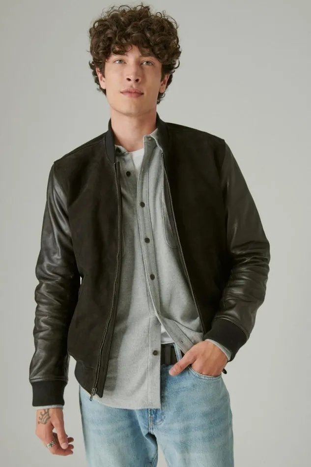 Men Lucky Brand Jackets and Outerwear Leather Bomber Jacket 001 Black