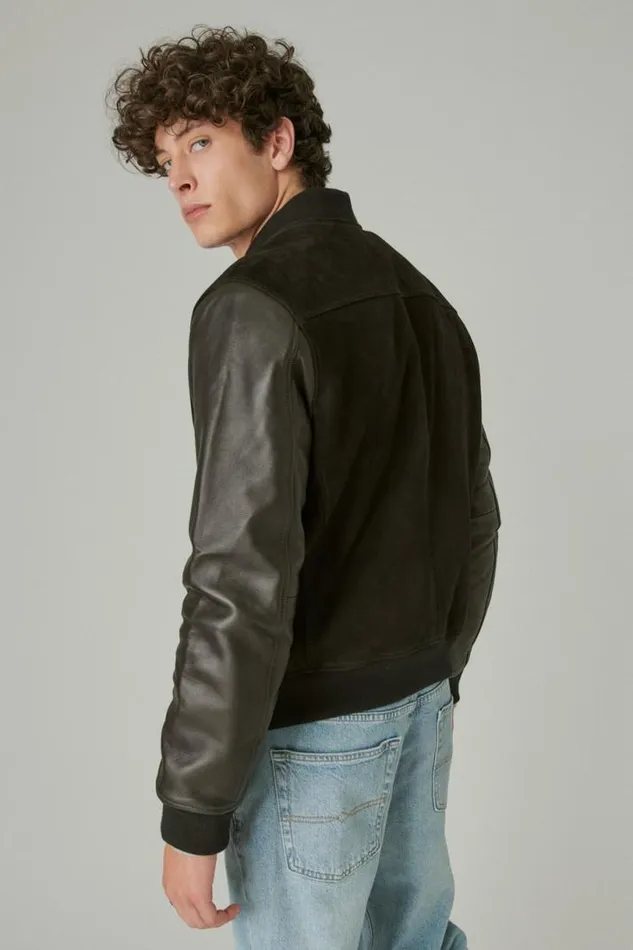 Men Lucky Brand Jackets and Outerwear Leather Bomber Jacket 001 Black