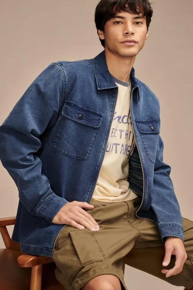 Men Lucky Brand Jackets and Outerwear Zip Front Overshirt With Striped Lining Indigo Stripe