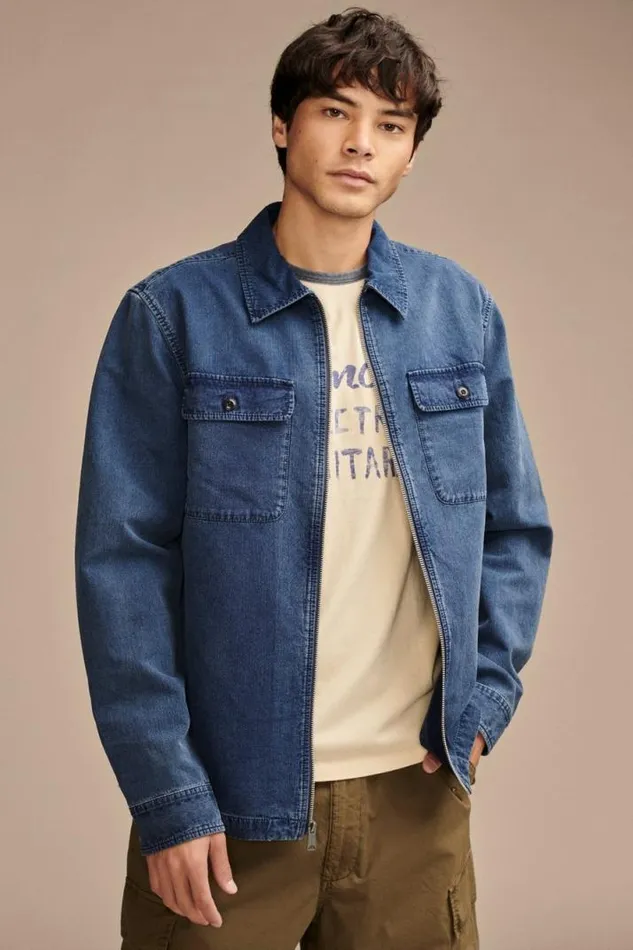 Men Lucky Brand Jackets and Outerwear Zip Front Overshirt With Striped Lining Indigo Stripe
