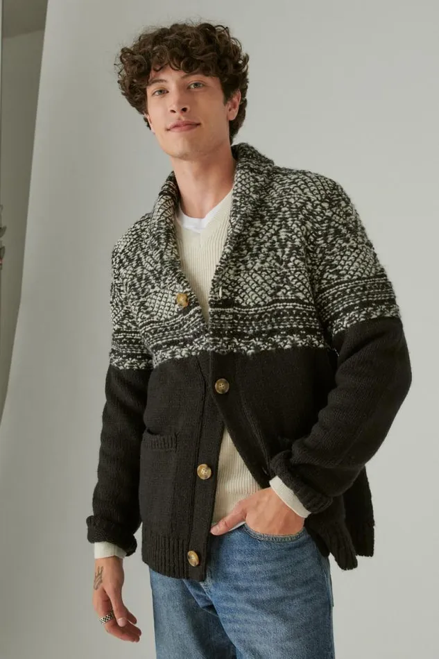 Men Lucky Brand Sweaters Mixed Media Cardigan Black Combo