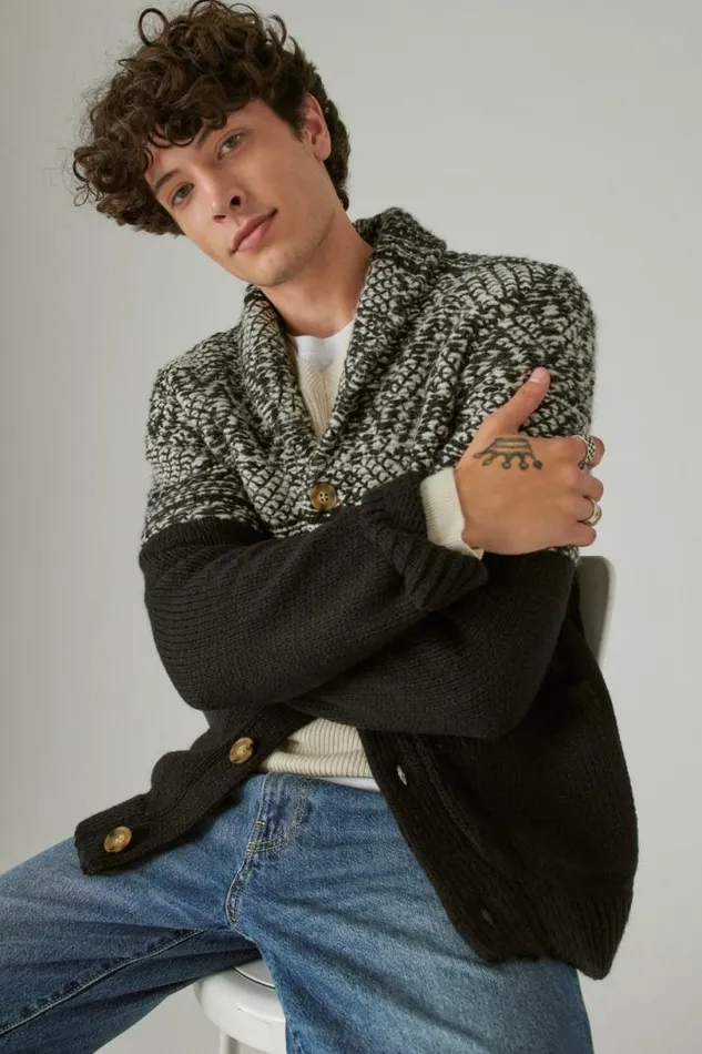Men Lucky Brand Sweaters Mixed Media Cardigan Black Combo