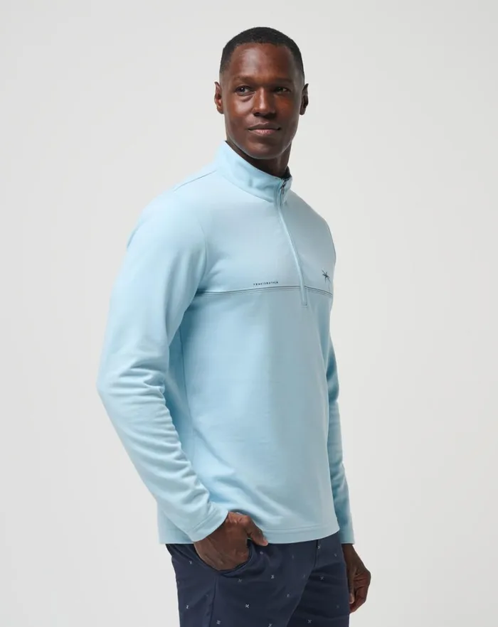 Men Quarter Zips TravisMathew UPGRADED CHEST STRIPE QUARTER ZIP Heather Dream Blue