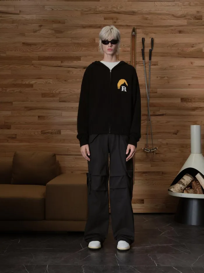 Men Rhude Luxe Knitwear MOONLIGHT KNIT ZIP UP HOODIE Blackyellow