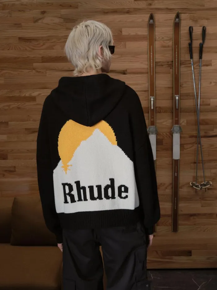 Men Rhude Luxe Knitwear MOONLIGHT KNIT ZIP UP HOODIE Blackyellow
