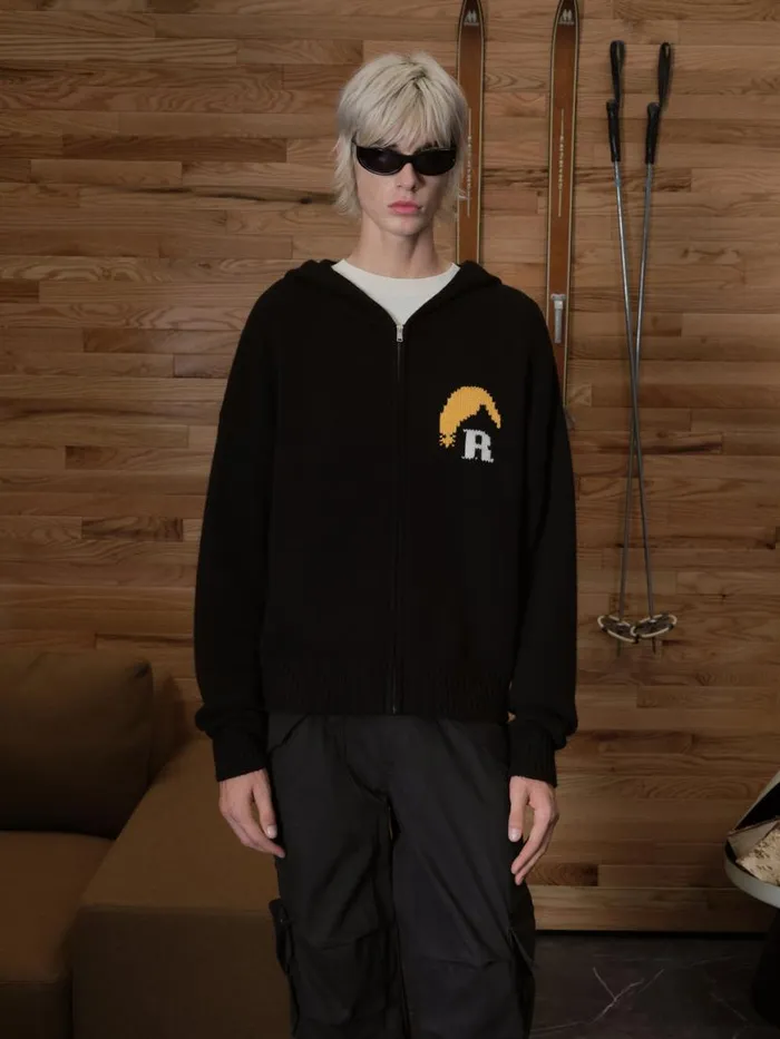 Men Rhude Luxe Knitwear MOONLIGHT KNIT ZIP UP HOODIE Blackyellow