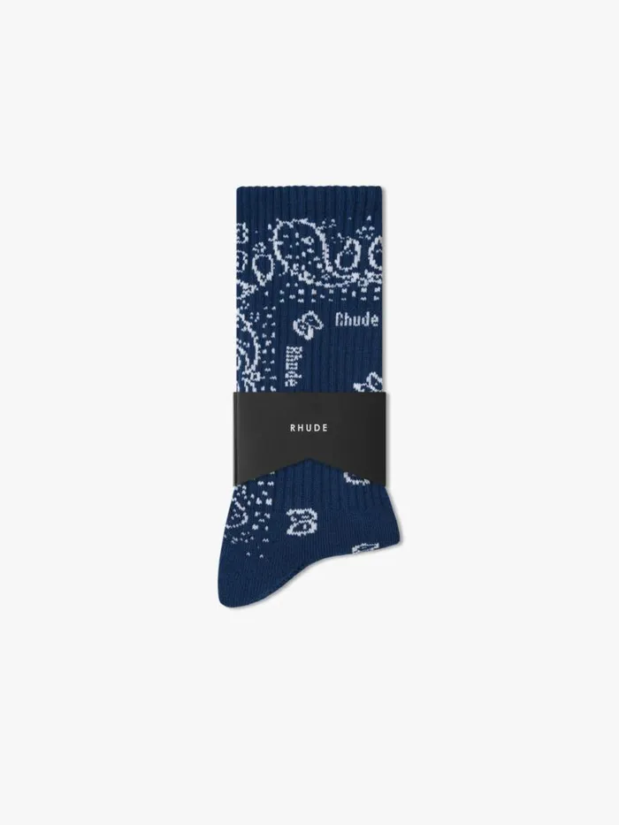 Men Rhude Socks BANDANA JACQUARD SOCK Navywhite