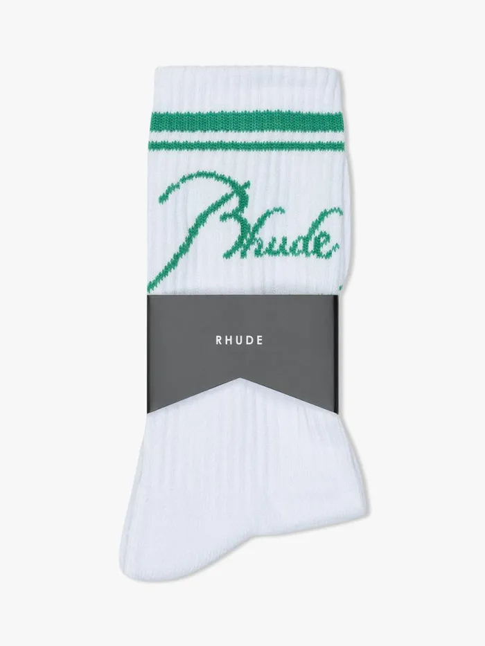 Men Rhude Socks SCRIPT LOGO SOCK Whitegreen Men Rhude Socks SCRIPT LOGO SOCK Whitegreen