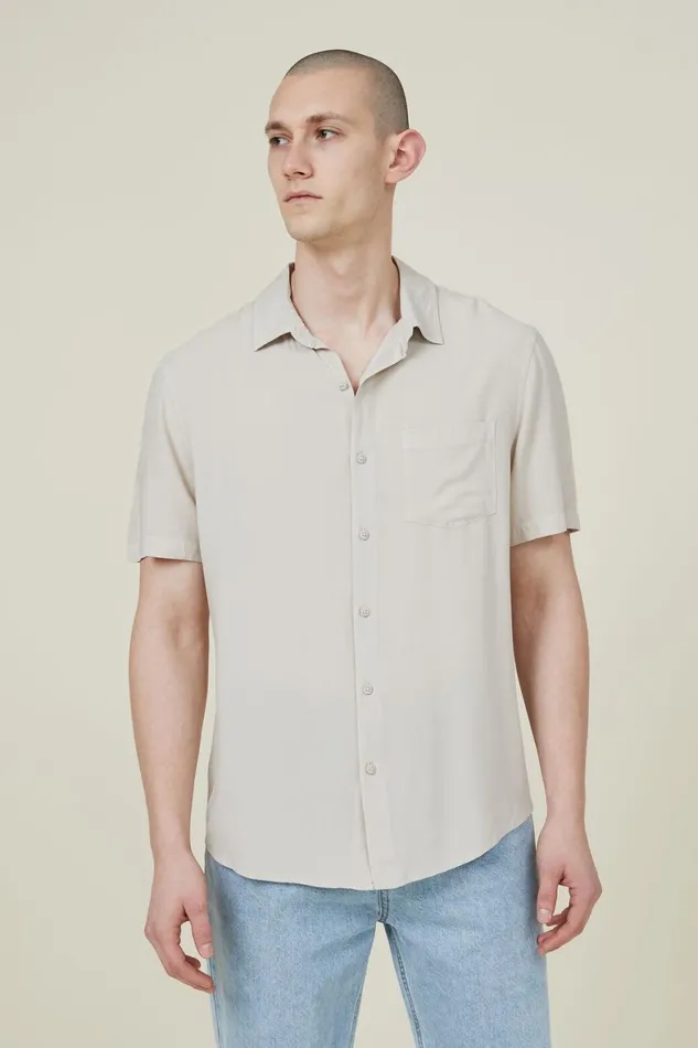 Men Shirts and Polos Cotton On Cuban Short Sleeve Shirt Stone