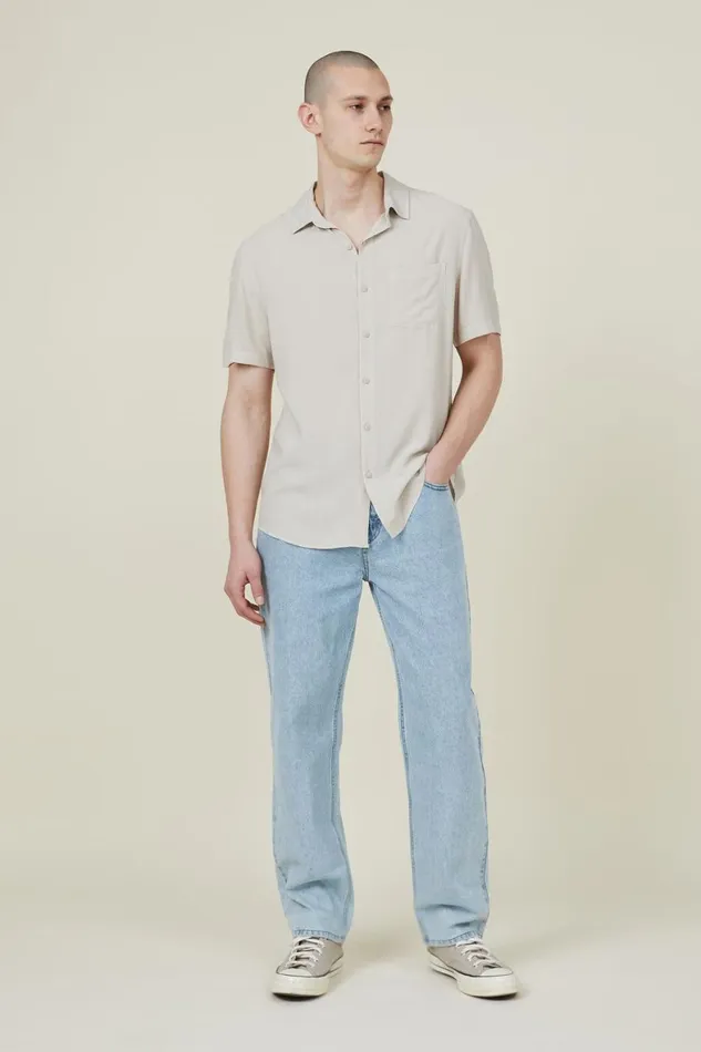 Men Shirts and Polos Cotton On Cuban Short Sleeve Shirt Stone