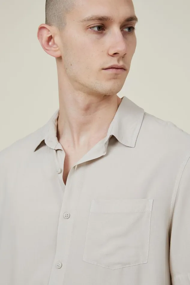 Men Shirts and Polos Cotton On Cuban Short Sleeve Shirt Stone