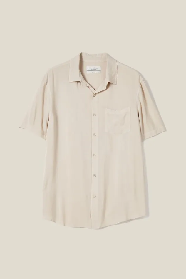 Men Shirts and Polos Cotton On Cuban Short Sleeve Shirt Stone