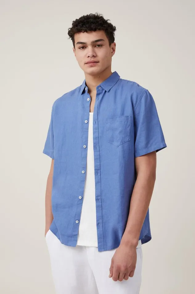 Men Shirts and Polos Cotton On Linen Short Sleeve Shirt Pacific Blue