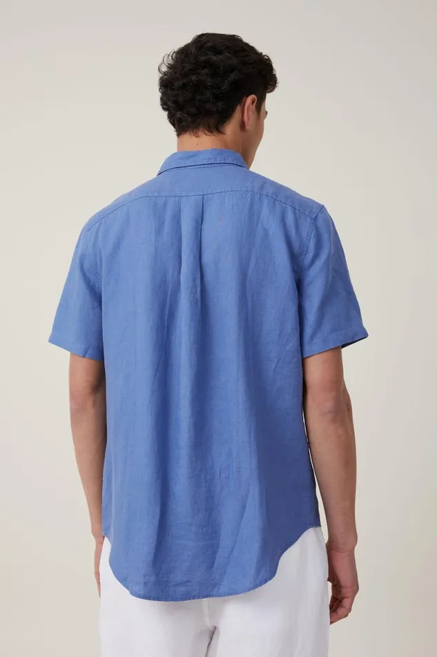 Men Shirts and Polos Cotton On Linen Short Sleeve Shirt Pacific Blue