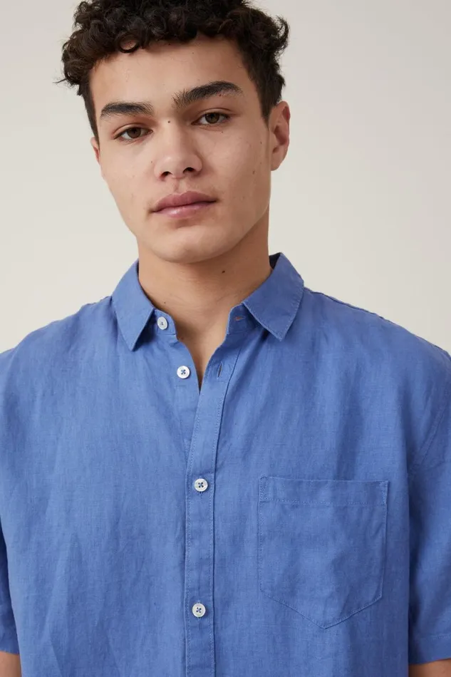 Men Shirts and Polos Cotton On Linen Short Sleeve Shirt Pacific Blue