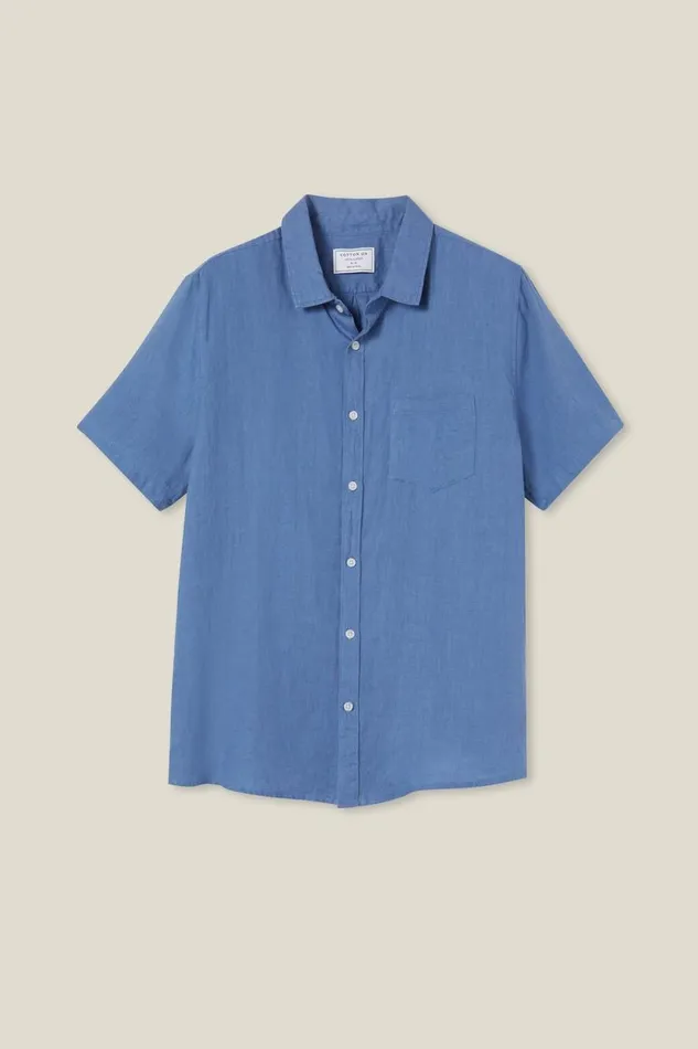 Men Shirts and Polos Cotton On Linen Short Sleeve Shirt Pacific Blue